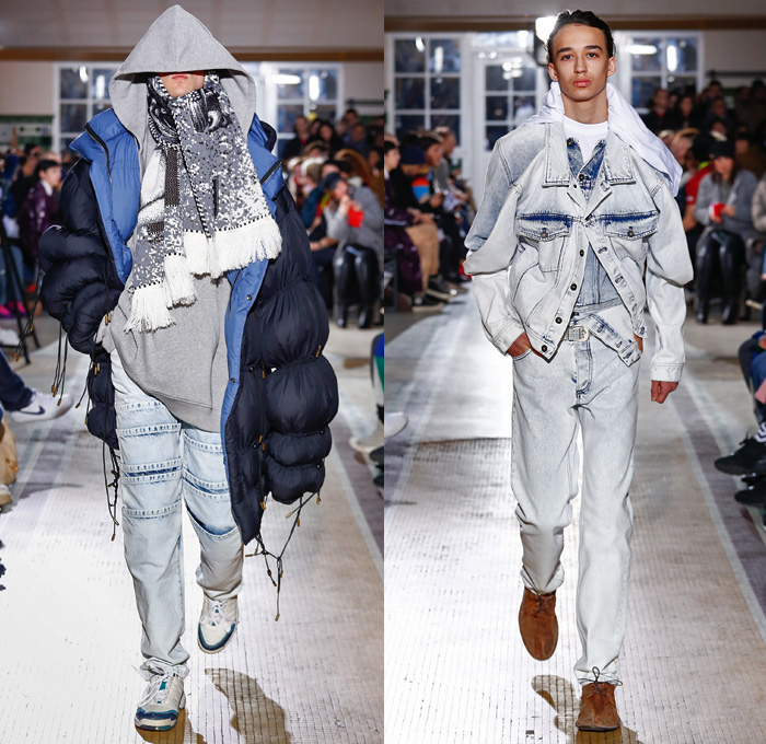 Y/PROJECT 2018-2019 Fall Autumn Winter Mens Runway Show Catwalk Looks - Mode à Paris Fashion Week -  Denim Jeans Tiered Overlapping Elongated Hem Patchwork Retro Faded Acid Wash Trucker Jacket Oversized Outerwear Trench Coat Overcoat Plush Fur Shearling Sheepskin Quilted Waffle Puffer Down Parka Anorak Sweatshirt Leather Suit Blazer Knit Sweater Wool Vest Deconstructed Half Split Extra Panel Hybrid Combo Stripes Fins Normcore Plaid Tartan Check Thigh High Boots Scarf Trainers Sneakers