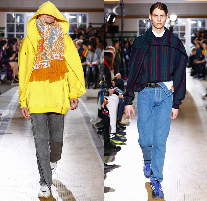 Y/PROJECT 2018-2019 Fall Autumn Winter Mens Runway Show Catwalk Looks - Mode à Paris Fashion Week -  Denim Jeans Tiered Overlapping Elongated Hem Patchwork Retro Faded Acid Wash Trucker Jacket Oversized Outerwear Trench Coat Overcoat Plush Fur Shearling Sheepskin Quilted Waffle Puffer Down Parka Anorak Sweatshirt Leather Suit Blazer Knit Sweater Wool Vest Deconstructed Half Split Extra Panel Hybrid Combo Stripes Fins Normcore Plaid Tartan Check Thigh High Boots Scarf Trainers Sneakers