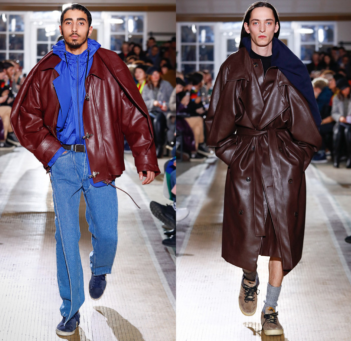 Y/PROJECT 2018-2019 Fall Autumn Winter Mens Runway Show Catwalk Looks - Mode à Paris Fashion Week -  Denim Jeans Tiered Overlapping Elongated Hem Patchwork Retro Faded Acid Wash Trucker Jacket Oversized Outerwear Trench Coat Overcoat Plush Fur Shearling Sheepskin Quilted Waffle Puffer Down Parka Anorak Sweatshirt Leather Suit Blazer Knit Sweater Wool Vest Deconstructed Half Split Extra Panel Hybrid Combo Stripes Fins Normcore Plaid Tartan Check Thigh High Boots Scarf Trainers Sneakers