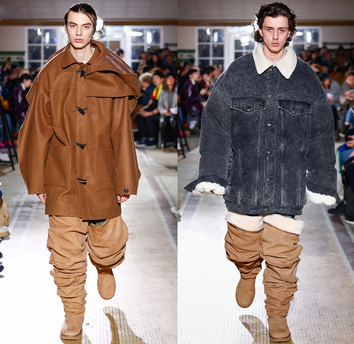 Y/PROJECT 2018-2019 Fall Autumn Winter Mens Runway Show Catwalk Looks - Mode à Paris Fashion Week -  Denim Jeans Tiered Overlapping Elongated Hem Patchwork Retro Faded Acid Wash Trucker Jacket Oversized Outerwear Trench Coat Overcoat Plush Fur Shearling Sheepskin Quilted Waffle Puffer Down Parka Anorak Sweatshirt Leather Suit Blazer Knit Sweater Wool Vest Deconstructed Half Split Extra Panel Hybrid Combo Stripes Fins Normcore Plaid Tartan Check Thigh High Boots Scarf Trainers Sneakers