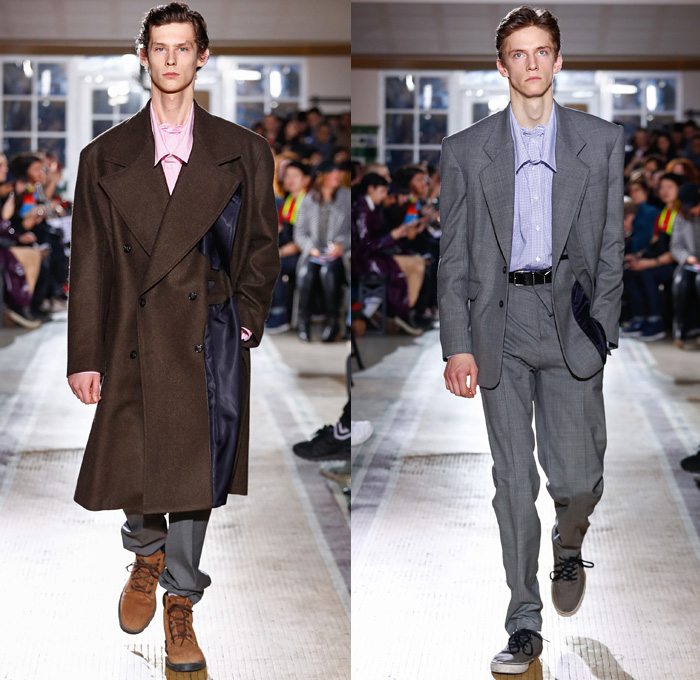 Y/PROJECT 2018-2019 Fall Autumn Winter Mens Runway Show Catwalk Looks - Mode à Paris Fashion Week -  Denim Jeans Tiered Overlapping Elongated Hem Patchwork Retro Faded Acid Wash Trucker Jacket Oversized Outerwear Trench Coat Overcoat Plush Fur Shearling Sheepskin Quilted Waffle Puffer Down Parka Anorak Sweatshirt Leather Suit Blazer Knit Sweater Wool Vest Deconstructed Half Split Extra Panel Hybrid Combo Stripes Fins Normcore Plaid Tartan Check Thigh High Boots Scarf Trainers Sneakers