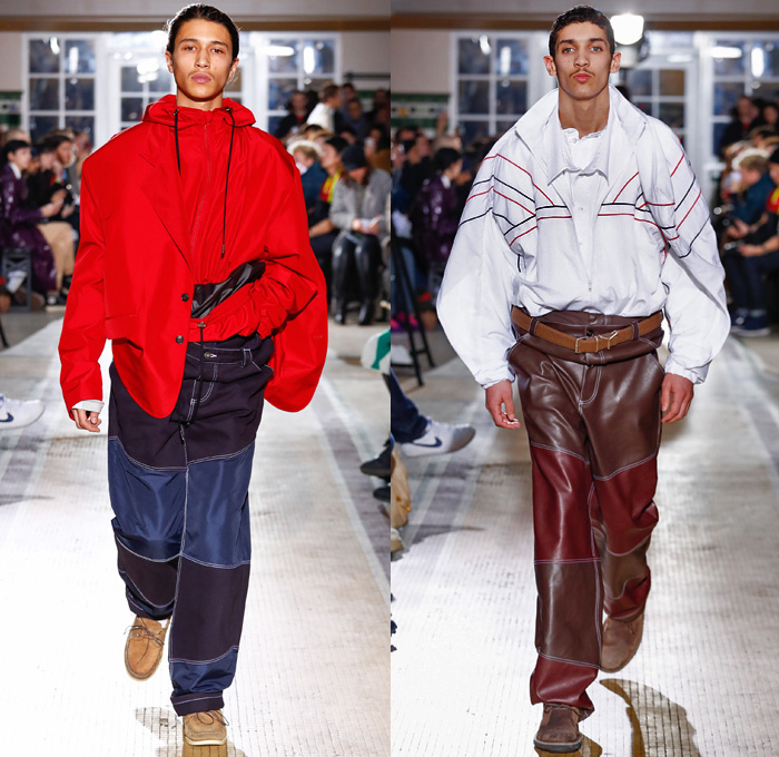 Y/PROJECT 2018-2019 Fall Autumn Winter Mens Runway Show Catwalk Looks - Mode à Paris Fashion Week -  Denim Jeans Tiered Overlapping Elongated Hem Patchwork Retro Faded Acid Wash Trucker Jacket Oversized Outerwear Trench Coat Overcoat Plush Fur Shearling Sheepskin Quilted Waffle Puffer Down Parka Anorak Sweatshirt Leather Suit Blazer Knit Sweater Wool Vest Deconstructed Half Split Extra Panel Hybrid Combo Stripes Fins Normcore Plaid Tartan Check Thigh High Boots Scarf Trainers Sneakers