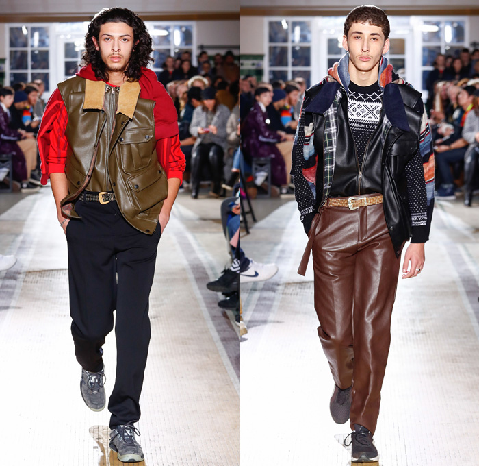 Y/PROJECT 2018-2019 Fall Autumn Winter Mens Runway Show Catwalk Looks - Mode à Paris Fashion Week -  Denim Jeans Tiered Overlapping Elongated Hem Patchwork Retro Faded Acid Wash Trucker Jacket Oversized Outerwear Trench Coat Overcoat Plush Fur Shearling Sheepskin Quilted Waffle Puffer Down Parka Anorak Sweatshirt Leather Suit Blazer Knit Sweater Wool Vest Deconstructed Half Split Extra Panel Hybrid Combo Stripes Fins Normcore Plaid Tartan Check Thigh High Boots Scarf Trainers Sneakers