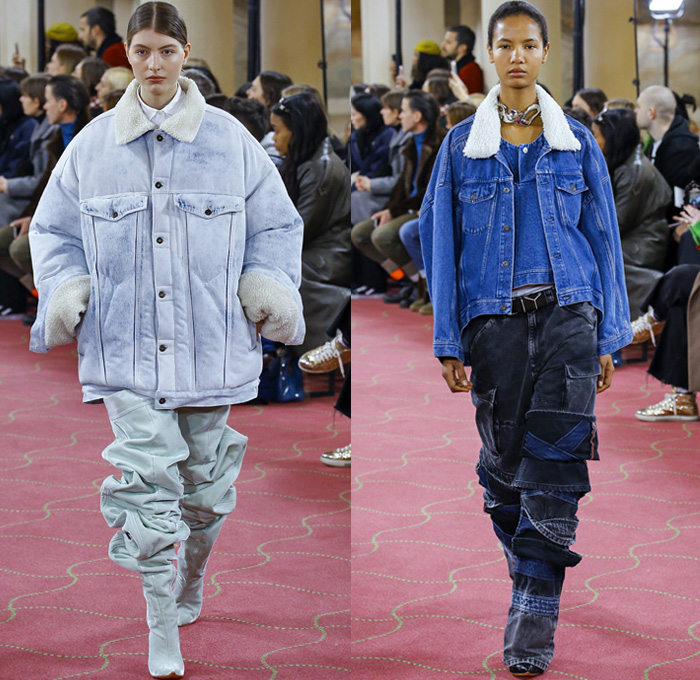 Y/PROJECT 2018-2019 Fall Autumn Winter Womens Runway Catwalk Looks - Mode à Paris Fashion Week France - Deconstructed Hybrid Denim Jeans Extra Fabric Cape Draped Stripes Plaid Tartan Check Argyle Corduroy Tie Up Knot Ruffles Bedazzled Sheer Tulle Pleats Satin Lounge Lace Fringes Flowers Floral Suede Coat Fur Shearling Mohair Knit Sweater Cardigan Batwing Strapless Blouse Shorts Overrun Acidwash Baggy Cargo Pockets Hotpants PVC Vinyl Spiral Wrap Elongated Boots Tights Clogs Pearls Opera Gloves