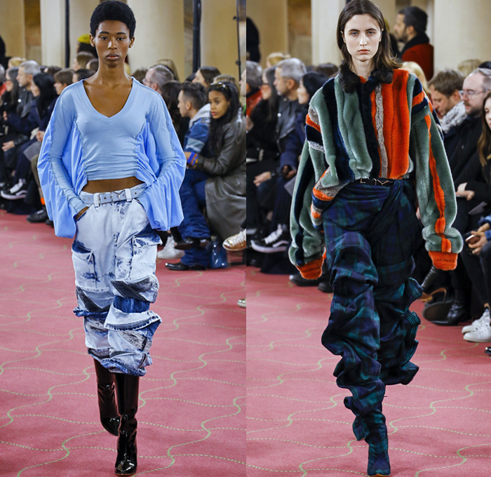 Y/PROJECT 2018-2019 Fall Autumn Winter Womens Runway Catwalk Looks - Mode à Paris Fashion Week France - Deconstructed Hybrid Denim Jeans Extra Fabric Cape Draped Stripes Plaid Tartan Check Argyle Corduroy Tie Up Knot Ruffles Bedazzled Sheer Tulle Pleats Satin Lounge Lace Fringes Flowers Floral Suede Coat Fur Shearling Mohair Knit Sweater Cardigan Batwing Strapless Blouse Shorts Overrun Acidwash Baggy Cargo Pockets Hotpants PVC Vinyl Spiral Wrap Elongated Boots Tights Clogs Pearls Opera Gloves