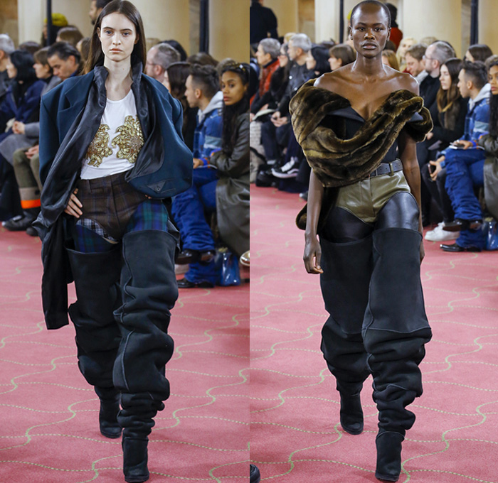 Y/PROJECT 2018-2019 Fall Autumn Winter Womens Runway Catwalk Looks - Mode à Paris Fashion Week France - Deconstructed Hybrid Denim Jeans Extra Fabric Cape Draped Stripes Plaid Tartan Check Argyle Corduroy Tie Up Knot Ruffles Bedazzled Sheer Tulle Pleats Satin Lounge Lace Fringes Flowers Floral Suede Coat Fur Shearling Mohair Knit Sweater Cardigan Batwing Strapless Blouse Shorts Overrun Acidwash Baggy Cargo Pockets Hotpants PVC Vinyl Spiral Wrap Elongated Boots Tights Clogs Pearls Opera Gloves
