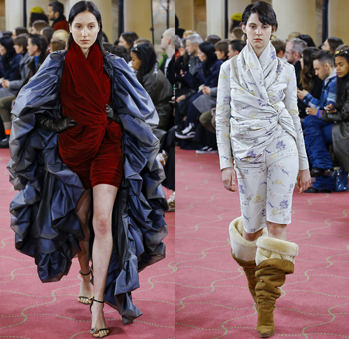 Y/PROJECT 2018-2019 Fall Autumn Winter Womens Runway Catwalk Looks - Mode à Paris Fashion Week France - Deconstructed Hybrid Denim Jeans Extra Fabric Cape Draped Stripes Plaid Tartan Check Argyle Corduroy Tie Up Knot Ruffles Bedazzled Sheer Tulle Pleats Satin Lounge Lace Fringes Flowers Floral Suede Coat Fur Shearling Mohair Knit Sweater Cardigan Batwing Strapless Blouse Shorts Overrun Acidwash Baggy Cargo Pockets Hotpants PVC Vinyl Spiral Wrap Elongated Boots Tights Clogs Pearls Opera Gloves