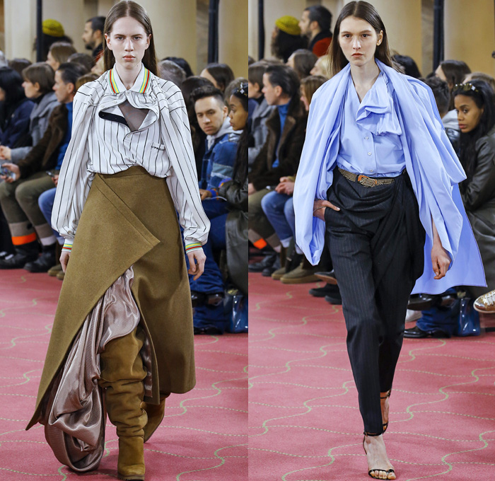 Y/PROJECT 2018-2019 Fall Autumn Winter Womens Runway Catwalk Looks - Mode à Paris Fashion Week France - Deconstructed Hybrid Denim Jeans Extra Fabric Cape Draped Stripes Plaid Tartan Check Argyle Corduroy Tie Up Knot Ruffles Bedazzled Sheer Tulle Pleats Satin Lounge Lace Fringes Flowers Floral Suede Coat Fur Shearling Mohair Knit Sweater Cardigan Batwing Strapless Blouse Shorts Overrun Acidwash Baggy Cargo Pockets Hotpants PVC Vinyl Spiral Wrap Elongated Boots Tights Clogs Pearls Opera Gloves