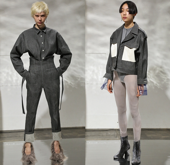 Yohei Ohno 2018-2019 Fall Winter Womens Lookbook Presentation - Amazon Fashion Week Tokyo Japan AmazonFWT - Raw Dry Selvedge Denim Jeans Trucker Jacket High Waist  Curved Waistband Straps Cargo Pockets Sheer Chiffon Outerwear Unitard Leotard Jacket Maillot Leg O'Mutton Sleeves Ruffles Curtains Strapless Open Shoulders Leaves Foliage Skirt Pants Leggings Tights Stockings Furry Heels Boots