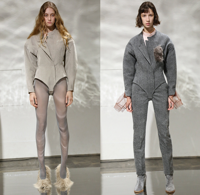 Yohei Ohno 2018-2019 Fall Winter Womens Lookbook Presentation - Amazon Fashion Week Tokyo Japan AmazonFWT - Raw Dry Selvedge Denim Jeans Trucker Jacket High Waist  Curved Waistband Straps Cargo Pockets Sheer Chiffon Outerwear Unitard Leotard Jacket Maillot Leg O'Mutton Sleeves Ruffles Curtains Strapless Open Shoulders Leaves Foliage Skirt Pants Leggings Tights Stockings Furry Heels Boots