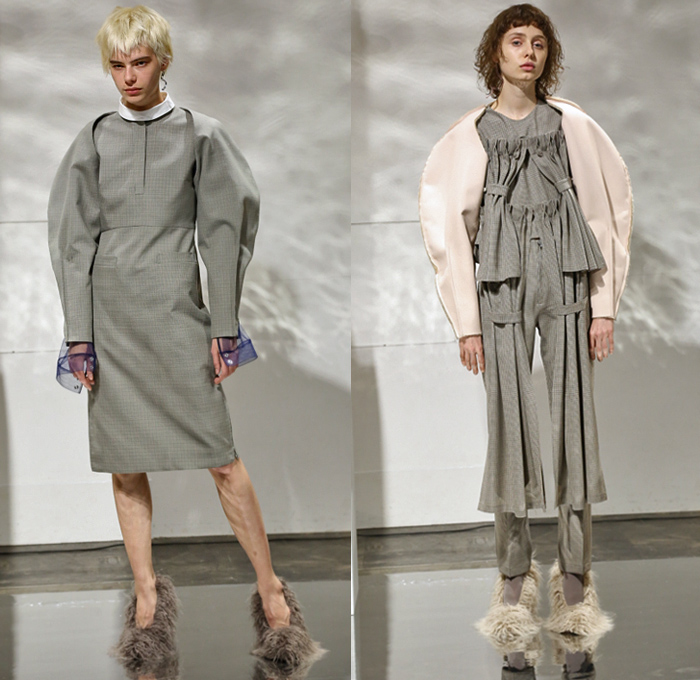 Yohei Ohno 2018-2019 Fall Winter Womens Lookbook Presentation - Amazon Fashion Week Tokyo Japan AmazonFWT - Raw Dry Selvedge Denim Jeans Trucker Jacket High Waist  Curved Waistband Straps Cargo Pockets Sheer Chiffon Outerwear Unitard Leotard Jacket Maillot Leg O'Mutton Sleeves Ruffles Curtains Strapless Open Shoulders Leaves Foliage Skirt Pants Leggings Tights Stockings Furry Heels Boots