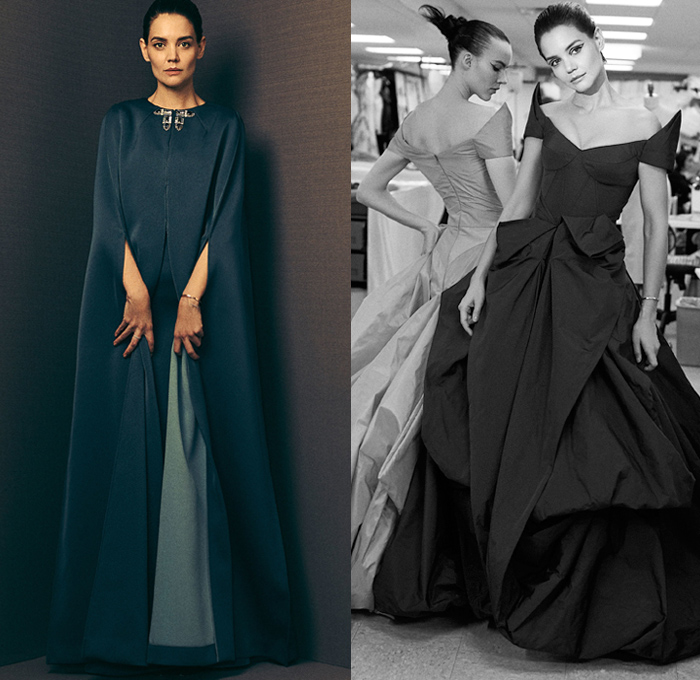 Zac Posen 2018-2019 Fall Autumn Winter Womens Lookbook Presentation - New York Fashion Week NYFW - Katie Holmes Eveningwear Screen Siren Gown Strapless Open Shoulders Cutout Cocktail Dress Embroidery Decorated Bedazzled Jewels Gemstones Crystals Sparkles Flowers Floral Drapery Strap Bow Ribbon Knot Buttons Blazer Jacket Weave Accordion Pleats Backless Velvet Velveteen Hanging Sleeve Balloon Leg O'Mutton Sleeves Silk Satin Butterfly Neck Ruffles Capelet Soutane Priest Collar Volumized