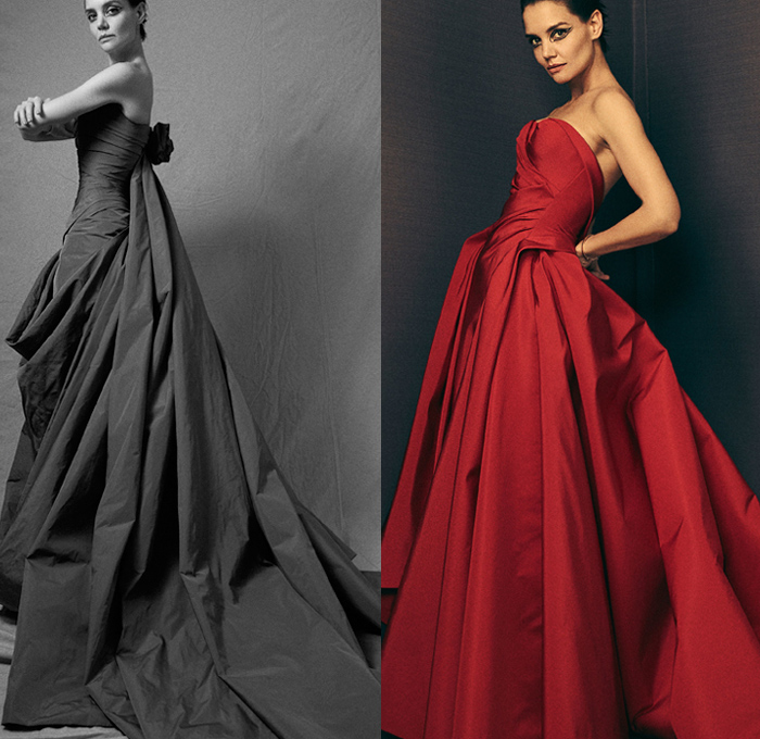 Zac Posen 2018-2019 Fall Autumn Winter Womens Lookbook Presentation - New York Fashion Week NYFW - Katie Holmes Eveningwear Screen Siren Gown Strapless Open Shoulders Cutout Cocktail Dress Embroidery Decorated Bedazzled Jewels Gemstones Crystals Sparkles Flowers Floral Drapery Strap Bow Ribbon Knot Buttons Blazer Jacket Weave Accordion Pleats Backless Velvet Velveteen Hanging Sleeve Balloon Leg O'Mutton Sleeves Silk Satin Butterfly Neck Ruffles Capelet Soutane Priest Collar Volumized