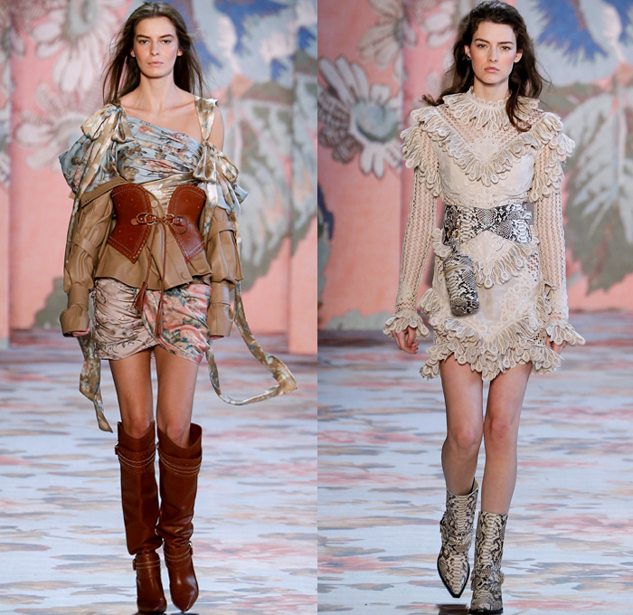 Zimmermann 2018-2019 Fall Autumn Winter Womens Runway Catwalk Looks - New York Fashion Week NYFW - Unbridled Victorian Era Bohemian Western Equestrian Maria Clara Shoulders Flowers Floral Lace Droplets Mesh Silk Satin Loops Ruffles Drapery Plaid Check Plush Fur Shearling Coat Jacket Pantsuit Wrap Tie Up Corset Maxi Dress Goddess Gown Knit Sweater Peasant Prairie Dress Mullet Hem High-Low Waterfall Skirt Leggings Micro Bag Boots Snakeskin Canister Fanny Pack Waist Pouch Belt Bum Bag