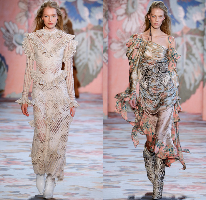 Zimmermann 2018-2019 Fall Autumn Winter Womens Runway Catwalk Looks - New York Fashion Week NYFW - Unbridled Victorian Era Bohemian Western Equestrian Maria Clara Shoulders Flowers Floral Lace Droplets Mesh Silk Satin Loops Ruffles Drapery Plaid Check Plush Fur Shearling Coat Jacket Pantsuit Wrap Tie Up Corset Maxi Dress Goddess Gown Knit Sweater Peasant Prairie Dress Mullet Hem High-Low Waterfall Skirt Leggings Micro Bag Boots Snakeskin Canister Fanny Pack Waist Pouch Belt Bum Bag