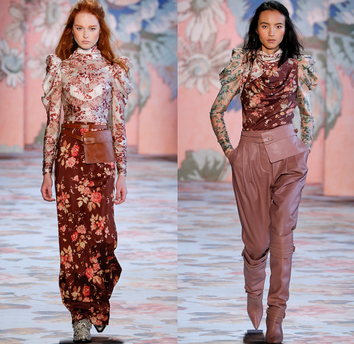 Zimmermann 2018-2019 Fall Autumn Winter Womens Runway Catwalk Looks - New York Fashion Week NYFW - Unbridled Victorian Era Bohemian Western Equestrian Maria Clara Shoulders Flowers Floral Lace Droplets Mesh Silk Satin Loops Ruffles Drapery Plaid Check Plush Fur Shearling Coat Jacket Pantsuit Wrap Tie Up Corset Maxi Dress Goddess Gown Knit Sweater Peasant Prairie Dress Mullet Hem High-Low Waterfall Skirt Leggings Micro Bag Boots Snakeskin Canister Fanny Pack Waist Pouch Belt Bum Bag