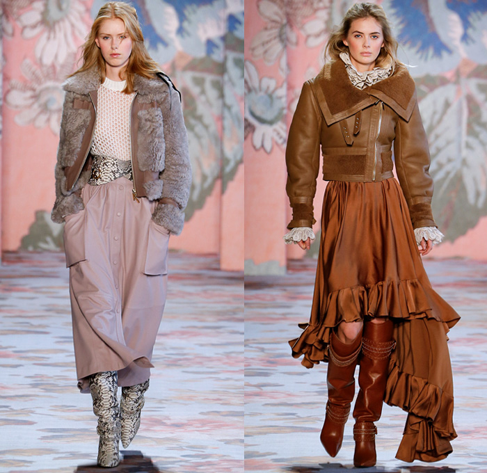 Zimmermann 2018-2019 Fall Autumn Winter Womens Runway Catwalk Looks - New York Fashion Week NYFW - Unbridled Victorian Era Bohemian Western Equestrian Maria Clara Shoulders Flowers Floral Lace Droplets Mesh Silk Satin Loops Ruffles Drapery Plaid Check Plush Fur Shearling Coat Jacket Pantsuit Wrap Tie Up Corset Maxi Dress Goddess Gown Knit Sweater Peasant Prairie Dress Mullet Hem High-Low Waterfall Skirt Leggings Micro Bag Boots Snakeskin Canister Fanny Pack Waist Pouch Belt Bum Bag