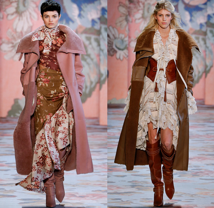 Zimmermann 2018-2019 Fall Autumn Winter Womens Runway Catwalk Looks - New York Fashion Week NYFW - Unbridled Victorian Era Bohemian Western Equestrian Maria Clara Shoulders Flowers Floral Lace Droplets Mesh Silk Satin Loops Ruffles Drapery Plaid Check Plush Fur Shearling Coat Jacket Pantsuit Wrap Tie Up Corset Maxi Dress Goddess Gown Knit Sweater Peasant Prairie Dress Mullet Hem High-Low Waterfall Skirt Leggings Micro Bag Boots Snakeskin Canister Fanny Pack Waist Pouch Belt Bum Bag