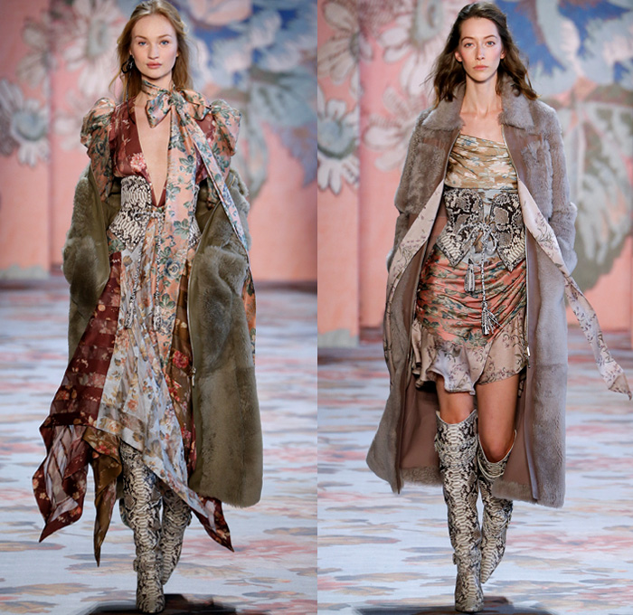 Zimmermann 2018-2019 Fall Autumn Winter Womens Runway Catwalk Looks - New York Fashion Week NYFW - Unbridled Victorian Era Bohemian Western Equestrian Maria Clara Shoulders Flowers Floral Lace Droplets Mesh Silk Satin Loops Ruffles Drapery Plaid Check Plush Fur Shearling Coat Jacket Pantsuit Wrap Tie Up Corset Maxi Dress Goddess Gown Knit Sweater Peasant Prairie Dress Mullet Hem High-Low Waterfall Skirt Leggings Micro Bag Boots Snakeskin Canister Fanny Pack Waist Pouch Belt Bum Bag