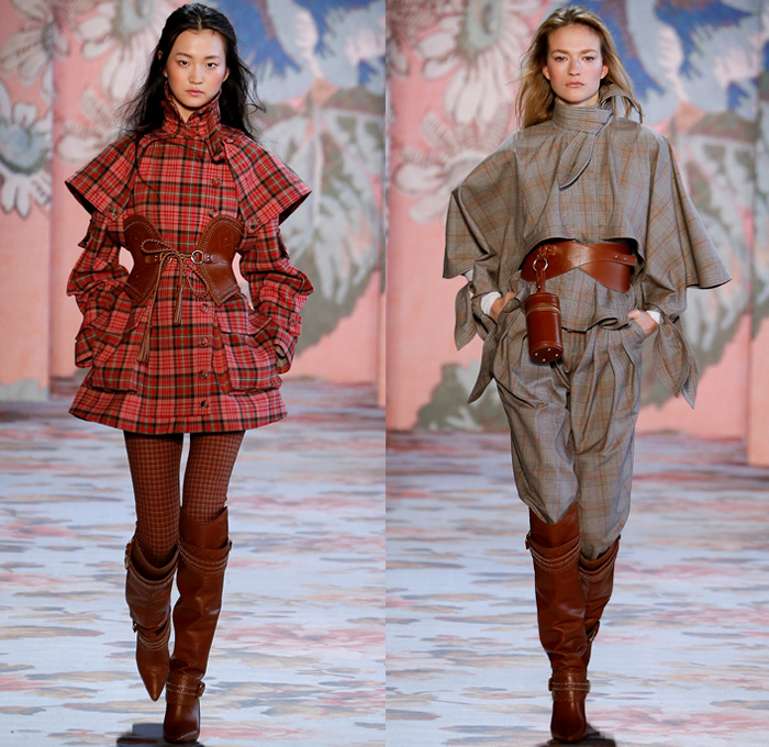 Zimmermann 2018-2019 Fall Autumn Winter Womens Runway Catwalk Looks - New York Fashion Week NYFW - Unbridled Victorian Era Bohemian Western Equestrian Maria Clara Shoulders Flowers Floral Lace Droplets Mesh Silk Satin Loops Ruffles Drapery Plaid Check Plush Fur Shearling Coat Jacket Pantsuit Wrap Tie Up Corset Maxi Dress Goddess Gown Knit Sweater Peasant Prairie Dress Mullet Hem High-Low Waterfall Skirt Leggings Micro Bag Boots Snakeskin Canister Fanny Pack Waist Pouch Belt Bum Bag