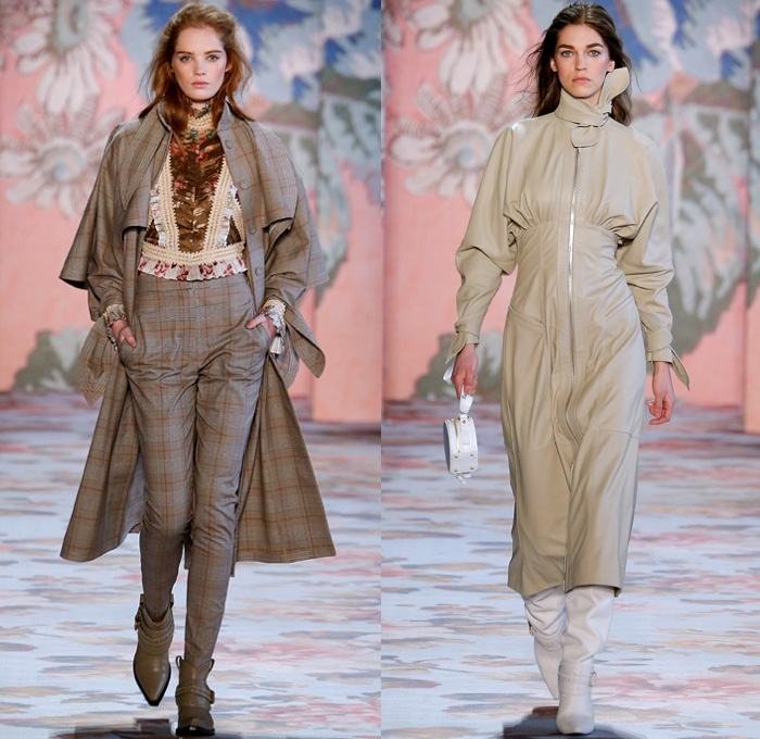 Zimmermann 2018-2019 Fall Autumn Winter Womens Runway Catwalk Looks - New York Fashion Week NYFW - Unbridled Victorian Era Bohemian Western Equestrian Maria Clara Shoulders Flowers Floral Lace Droplets Mesh Silk Satin Loops Ruffles Drapery Plaid Check Plush Fur Shearling Coat Jacket Pantsuit Wrap Tie Up Corset Maxi Dress Goddess Gown Knit Sweater Peasant Prairie Dress Mullet Hem High-Low Waterfall Skirt Leggings Micro Bag Boots Snakeskin Canister Fanny Pack Waist Pouch Belt Bum Bag