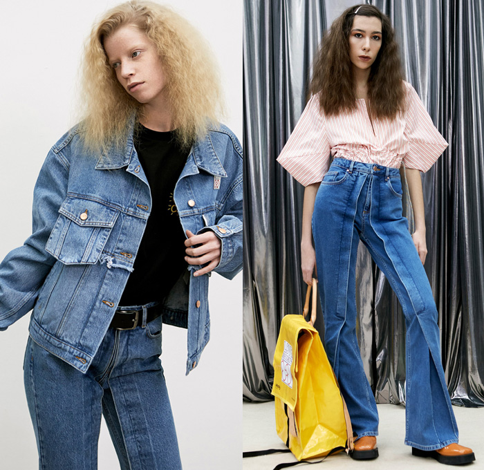 Aalto 2018 Pre Fall Autumn Womens Lookbook Presentation - Love Records Denim Jeans Paper Cutout Hem Extra Flap Trucker Jacket Flare Bell Bottom Trench Coat Blouse Shirt Blazer Strap Loose Tie One Shoulder Turtleneck Parka Quilted Waffle Puffer Down Parka Detachable Panels Cape Plush Mohair Fur Stripes Plaid Tartan Check Zipper Knit Embroidery Flowers Floral Lace Up Wide Leg Trousers Palazzo Pants Miniskirt Petal Hem Cinch Dress Backpack Bag Repack Crossbody Reusable Packaging Platforms Shoes