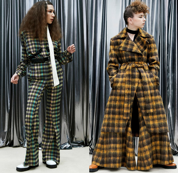 Aalto 2018 Pre Fall Autumn Womens Lookbook Presentation - Love Records Denim Jeans Paper Cutout Hem Extra Flap Trucker Jacket Flare Bell Bottom Trench Coat Blouse Shirt Blazer Strap Loose Tie One Shoulder Turtleneck Parka Quilted Waffle Puffer Down Parka Detachable Panels Cape Plush Mohair Fur Stripes Plaid Tartan Check Zipper Knit Embroidery Flowers Floral Lace Up Wide Leg Trousers Palazzo Pants Miniskirt Petal Hem Cinch Dress Backpack Bag Repack Crossbody Reusable Packaging Platforms Shoes