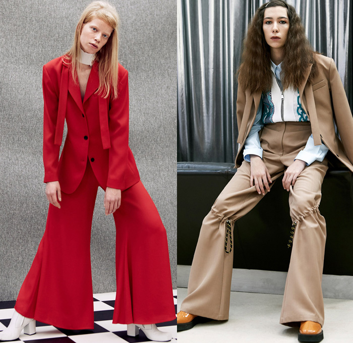 Aalto 2018 Pre Fall Autumn Womens Lookbook Presentation - Love Records Denim Jeans Paper Cutout Hem Extra Flap Trucker Jacket Flare Bell Bottom Trench Coat Blouse Shirt Blazer Strap Loose Tie One Shoulder Turtleneck Parka Quilted Waffle Puffer Down Parka Detachable Panels Cape Plush Mohair Fur Stripes Plaid Tartan Check Zipper Knit Embroidery Flowers Floral Lace Up Wide Leg Trousers Palazzo Pants Miniskirt Petal Hem Cinch Dress Backpack Bag Repack Crossbody Reusable Packaging Platforms Shoes