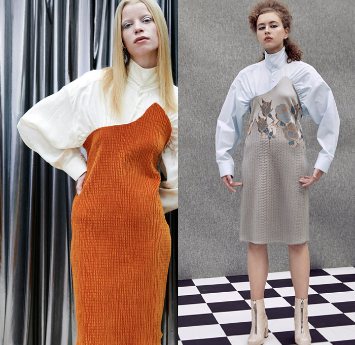 Aalto 2018 Pre Fall Autumn Womens Lookbook Presentation - Love Records Denim Jeans Paper Cutout Hem Extra Flap Trucker Jacket Flare Bell Bottom Trench Coat Blouse Shirt Blazer Strap Loose Tie One Shoulder Turtleneck Parka Quilted Waffle Puffer Down Parka Detachable Panels Cape Plush Mohair Fur Stripes Plaid Tartan Check Zipper Knit Embroidery Flowers Floral Lace Up Wide Leg Trousers Palazzo Pants Miniskirt Petal Hem Cinch Dress Backpack Bag Repack Crossbody Reusable Packaging Platforms Shoes