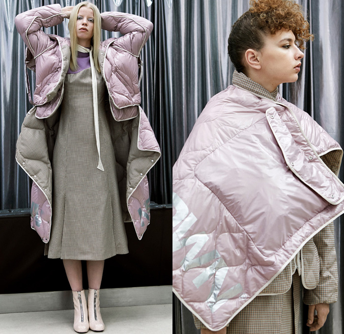 Aalto 2018 Pre Fall Autumn Womens Lookbook Presentation - Love Records Denim Jeans Paper Cutout Hem Extra Flap Trucker Jacket Flare Bell Bottom Trench Coat Blouse Shirt Blazer Strap Loose Tie One Shoulder Turtleneck Parka Quilted Waffle Puffer Down Parka Detachable Panels Cape Plush Mohair Fur Stripes Plaid Tartan Check Zipper Knit Embroidery Flowers Floral Lace Up Wide Leg Trousers Palazzo Pants Miniskirt Petal Hem Cinch Dress Backpack Bag Repack Crossbody Reusable Packaging Platforms Shoes