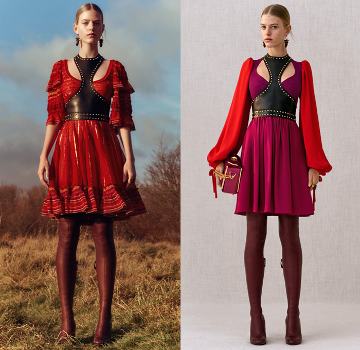 Alexander McQueen 2018 Pre Fall Autumn Womens Lookbook Presentation - Trench Coat Motorcycle Biker Leather Jacket Pantsuit Double Lapel Petal Harness Corset Studs Bedazzled Sequins Guipure Lace Embroidery Ruffles Stripes Silk Satin Faces Sheer Chiffon Tulle Flowers Floral Leaves Foliage Birds Hybrid Paisley Poufy Cutout Shoulders Knit Sweater Turtleneck Noodle Strap Bell Sleeves Dress Gown Eveningwear Wide Belt Tuxedo Stripe Pants Leggings Chain Boxy Handbag Clutch Purse Cuffs Boots