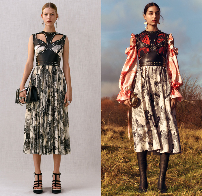 Alexander McQueen 2018 Pre Fall Autumn Womens Lookbook Presentation - Trench Coat Motorcycle Biker Leather Jacket Pantsuit Double Lapel Petal Harness Corset Studs Bedazzled Sequins Guipure Lace Embroidery Ruffles Stripes Silk Satin Faces Sheer Chiffon Tulle Flowers Floral Leaves Foliage Birds Hybrid Paisley Poufy Cutout Shoulders Knit Sweater Turtleneck Noodle Strap Bell Sleeves Dress Gown Eveningwear Wide Belt Tuxedo Stripe Pants Leggings Chain Boxy Handbag Clutch Purse Cuffs Boots