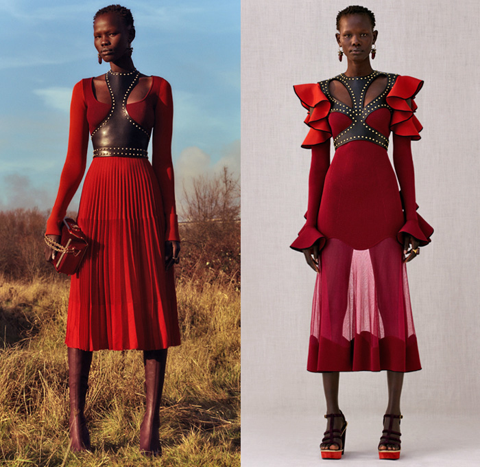 Alexander McQueen 2018 Pre Fall Autumn Womens Lookbook Presentation - Trench Coat Motorcycle Biker Leather Jacket Pantsuit Double Lapel Petal Harness Corset Studs Bedazzled Sequins Guipure Lace Embroidery Ruffles Stripes Silk Satin Faces Sheer Chiffon Tulle Flowers Floral Leaves Foliage Birds Hybrid Paisley Poufy Cutout Shoulders Knit Sweater Turtleneck Noodle Strap Bell Sleeves Dress Gown Eveningwear Wide Belt Tuxedo Stripe Pants Leggings Chain Boxy Handbag Clutch Purse Cuffs Boots