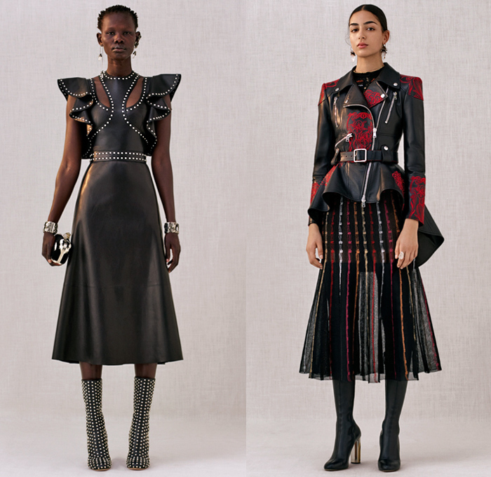 Alexander McQueen 2018 Pre Fall Autumn Womens Lookbook Presentation - Trench Coat Motorcycle Biker Leather Jacket Pantsuit Double Lapel Petal Harness Corset Studs Bedazzled Sequins Guipure Lace Embroidery Ruffles Stripes Silk Satin Faces Sheer Chiffon Tulle Flowers Floral Leaves Foliage Birds Hybrid Paisley Poufy Cutout Shoulders Knit Sweater Turtleneck Noodle Strap Bell Sleeves Dress Gown Eveningwear Wide Belt Tuxedo Stripe Pants Leggings Chain Boxy Handbag Clutch Purse Cuffs Boots