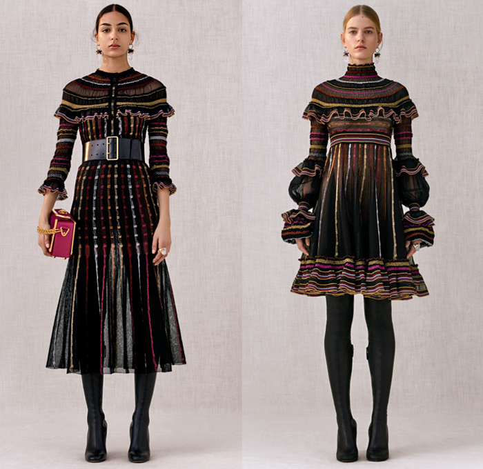 Alexander McQueen 2018 Pre Fall Autumn Womens Lookbook Presentation - Trench Coat Motorcycle Biker Leather Jacket Pantsuit Double Lapel Petal Harness Corset Studs Bedazzled Sequins Guipure Lace Embroidery Ruffles Stripes Silk Satin Faces Sheer Chiffon Tulle Flowers Floral Leaves Foliage Birds Hybrid Paisley Poufy Cutout Shoulders Knit Sweater Turtleneck Noodle Strap Bell Sleeves Dress Gown Eveningwear Wide Belt Tuxedo Stripe Pants Leggings Chain Boxy Handbag Clutch Purse Cuffs Boots