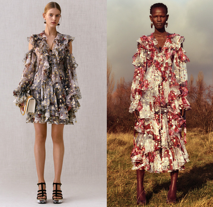 Alexander McQueen 2018 Pre Fall Autumn Womens Lookbook Presentation - Trench Coat Motorcycle Biker Leather Jacket Pantsuit Double Lapel Petal Harness Corset Studs Bedazzled Sequins Guipure Lace Embroidery Ruffles Stripes Silk Satin Faces Sheer Chiffon Tulle Flowers Floral Leaves Foliage Birds Hybrid Paisley Poufy Cutout Shoulders Knit Sweater Turtleneck Noodle Strap Bell Sleeves Dress Gown Eveningwear Wide Belt Tuxedo Stripe Pants Leggings Chain Boxy Handbag Clutch Purse Cuffs Boots