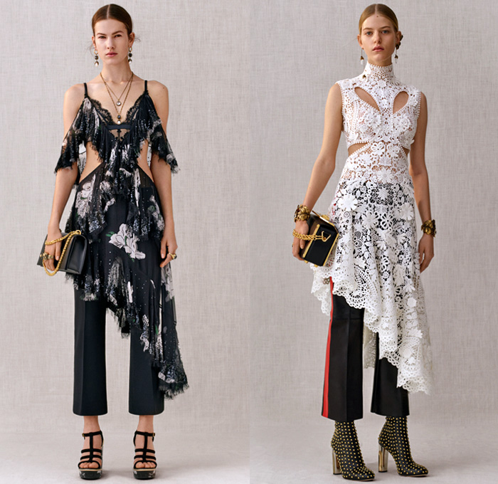 Alexander McQueen 2018 Pre Fall Autumn Womens Lookbook Presentation - Trench Coat Motorcycle Biker Leather Jacket Pantsuit Double Lapel Petal Harness Corset Studs Bedazzled Sequins Guipure Lace Embroidery Ruffles Stripes Silk Satin Faces Sheer Chiffon Tulle Flowers Floral Leaves Foliage Birds Hybrid Paisley Poufy Cutout Shoulders Knit Sweater Turtleneck Noodle Strap Bell Sleeves Dress Gown Eveningwear Wide Belt Tuxedo Stripe Pants Leggings Chain Boxy Handbag Clutch Purse Cuffs Boots