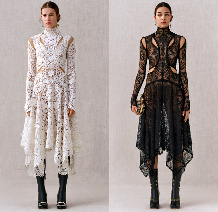 Alexander McQueen 2018 Pre Fall Autumn Womens Lookbook Presentation - Trench Coat Motorcycle Biker Leather Jacket Pantsuit Double Lapel Petal Harness Corset Studs Bedazzled Sequins Guipure Lace Embroidery Ruffles Stripes Silk Satin Faces Sheer Chiffon Tulle Flowers Floral Leaves Foliage Birds Hybrid Paisley Poufy Cutout Shoulders Knit Sweater Turtleneck Noodle Strap Bell Sleeves Dress Gown Eveningwear Wide Belt Tuxedo Stripe Pants Leggings Chain Boxy Handbag Clutch Purse Cuffs Boots