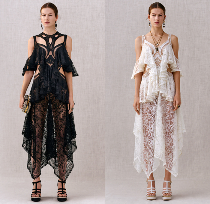 Alexander McQueen 2018 Pre Fall Autumn Womens Lookbook Presentation - Trench Coat Motorcycle Biker Leather Jacket Pantsuit Double Lapel Petal Harness Corset Studs Bedazzled Sequins Guipure Lace Embroidery Ruffles Stripes Silk Satin Faces Sheer Chiffon Tulle Flowers Floral Leaves Foliage Birds Hybrid Paisley Poufy Cutout Shoulders Knit Sweater Turtleneck Noodle Strap Bell Sleeves Dress Gown Eveningwear Wide Belt Tuxedo Stripe Pants Leggings Chain Boxy Handbag Clutch Purse Cuffs Boots