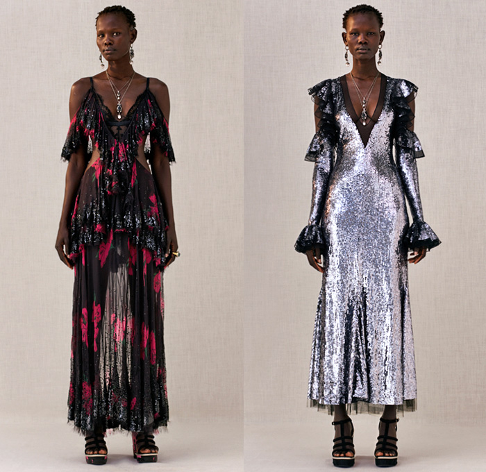 Alexander McQueen 2018 Pre Fall Autumn Womens Lookbook Presentation - Trench Coat Motorcycle Biker Leather Jacket Pantsuit Double Lapel Petal Harness Corset Studs Bedazzled Sequins Guipure Lace Embroidery Ruffles Stripes Silk Satin Faces Sheer Chiffon Tulle Flowers Floral Leaves Foliage Birds Hybrid Paisley Poufy Cutout Shoulders Knit Sweater Turtleneck Noodle Strap Bell Sleeves Dress Gown Eveningwear Wide Belt Tuxedo Stripe Pants Leggings Chain Boxy Handbag Clutch Purse Cuffs Boots