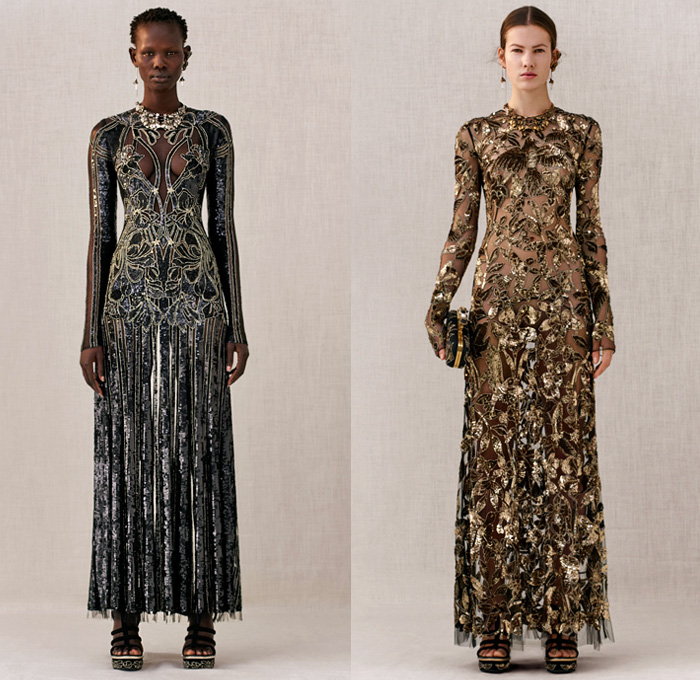 Alexander McQueen 2018 Pre Fall Autumn Womens Lookbook Presentation - Trench Coat Motorcycle Biker Leather Jacket Pantsuit Double Lapel Petal Harness Corset Studs Bedazzled Sequins Guipure Lace Embroidery Ruffles Stripes Silk Satin Faces Sheer Chiffon Tulle Flowers Floral Leaves Foliage Birds Hybrid Paisley Poufy Cutout Shoulders Knit Sweater Turtleneck Noodle Strap Bell Sleeves Dress Gown Eveningwear Wide Belt Tuxedo Stripe Pants Leggings Chain Boxy Handbag Clutch Purse Cuffs Boots