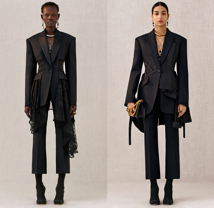 Alexander McQueen 2018 Pre Fall Autumn Womens Lookbook Presentation - Trench Coat Motorcycle Biker Leather Jacket Pantsuit Double Lapel Petal Harness Corset Studs Bedazzled Sequins Guipure Lace Embroidery Ruffles Stripes Silk Satin Faces Sheer Chiffon Tulle Flowers Floral Leaves Foliage Birds Hybrid Paisley Poufy Cutout Shoulders Knit Sweater Turtleneck Noodle Strap Bell Sleeves Dress Gown Eveningwear Wide Belt Tuxedo Stripe Pants Leggings Chain Boxy Handbag Clutch Purse Cuffs Boots