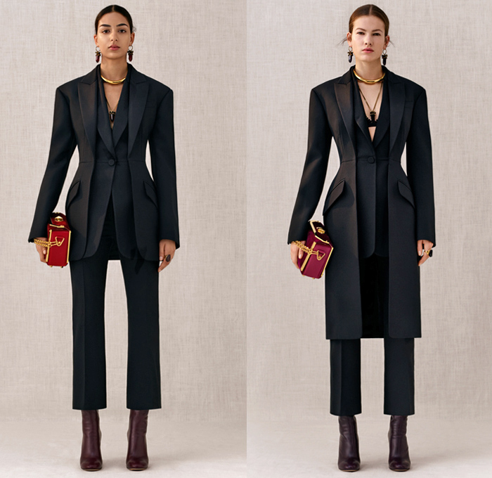 Alexander McQueen 2018 Pre Fall Autumn Womens Lookbook Presentation - Trench Coat Motorcycle Biker Leather Jacket Pantsuit Double Lapel Petal Harness Corset Studs Bedazzled Sequins Guipure Lace Embroidery Ruffles Stripes Silk Satin Faces Sheer Chiffon Tulle Flowers Floral Leaves Foliage Birds Hybrid Paisley Poufy Cutout Shoulders Knit Sweater Turtleneck Noodle Strap Bell Sleeves Dress Gown Eveningwear Wide Belt Tuxedo Stripe Pants Leggings Chain Boxy Handbag Clutch Purse Cuffs Boots