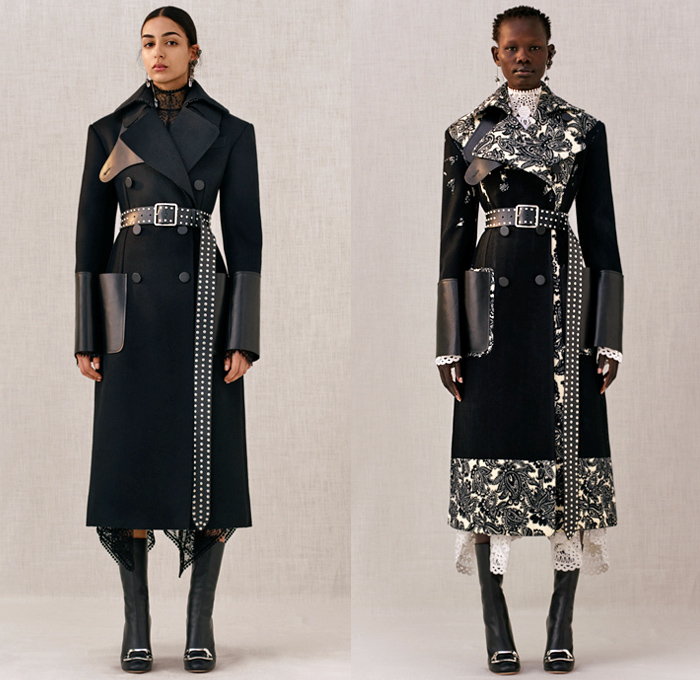 Alexander McQueen 2018 Pre Fall Autumn Womens Lookbook Presentation - Trench Coat Motorcycle Biker Leather Jacket Pantsuit Double Lapel Petal Harness Corset Studs Bedazzled Sequins Guipure Lace Embroidery Ruffles Stripes Silk Satin Faces Sheer Chiffon Tulle Flowers Floral Leaves Foliage Birds Hybrid Paisley Poufy Cutout Shoulders Knit Sweater Turtleneck Noodle Strap Bell Sleeves Dress Gown Eveningwear Wide Belt Tuxedo Stripe Pants Leggings Chain Boxy Handbag Clutch Purse Cuffs Boots