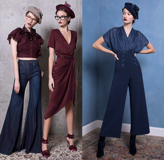 alice + olivia 2018 Pre Fall Autumn Womens Lookbook Presentation - 1920s Twenties 1930s Thirties Atonement Ruffles Satin Silk Metallic Sheen Pleats Pussycat Bow Velvet Sheer Chiffon Nerd Grandma Librarian Geek Chic Flowers Floral Robe Lounge Lace Embroidery Fringes Sequins Trench Coat Pantsuit Blouse Wrap Dress Tiered Gown Eveningwear Denim Jeans Flare Bell Bottom Wide Leg Palazzo Pants Sailor Pants Shorts Heels Boots Platform Shoes Beret Handbag