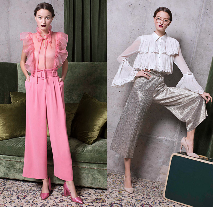 alice + olivia 2018 Pre Fall Autumn Womens Lookbook Presentation - 1920s Twenties 1930s Thirties Atonement Ruffles Satin Silk Metallic Sheen Pleats Pussycat Bow Velvet Sheer Chiffon Nerd Grandma Librarian Geek Chic Flowers Floral Robe Lounge Lace Embroidery Fringes Sequins Trench Coat Pantsuit Blouse Wrap Dress Tiered Gown Eveningwear Denim Jeans Flare Bell Bottom Wide Leg Palazzo Pants Sailor Pants Shorts Heels Boots Platform Shoes Beret Handbag