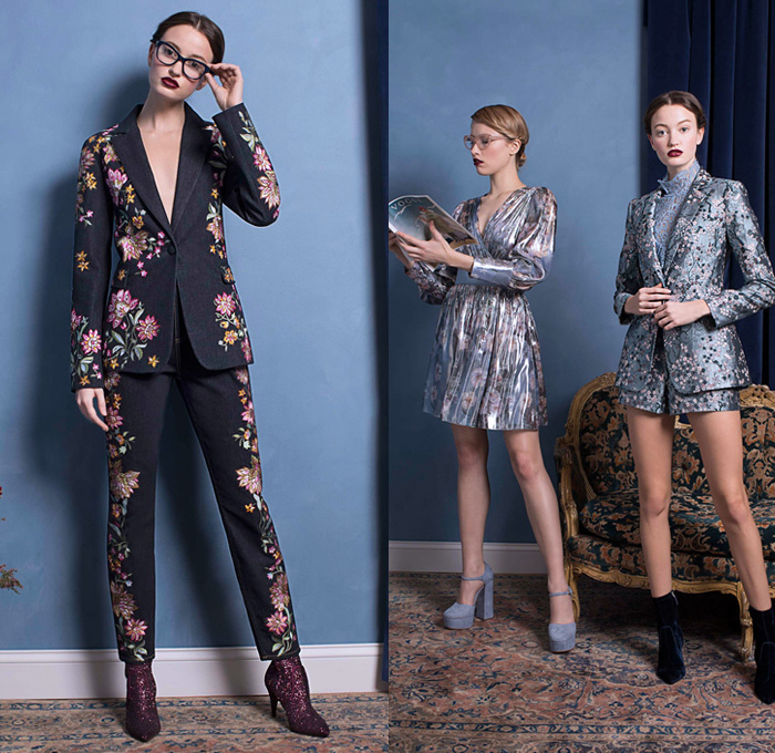 alice + olivia 2018 Pre Fall Autumn Womens Lookbook Presentation - 1920s Twenties 1930s Thirties Atonement Ruffles Satin Silk Metallic Sheen Pleats Pussycat Bow Velvet Sheer Chiffon Nerd Grandma Librarian Geek Chic Flowers Floral Robe Lounge Lace Embroidery Fringes Sequins Trench Coat Pantsuit Blouse Wrap Dress Tiered Gown Eveningwear Denim Jeans Flare Bell Bottom Wide Leg Palazzo Pants Sailor Pants Shorts Heels Boots Platform Shoes Beret Handbag