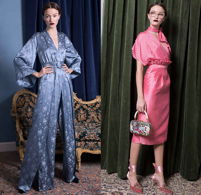 alice + olivia 2018 Pre Fall Autumn Womens Lookbook Presentation - 1920s Twenties 1930s Thirties Atonement Ruffles Satin Silk Metallic Sheen Pleats Pussycat Bow Velvet Sheer Chiffon Nerd Grandma Librarian Geek Chic Flowers Floral Robe Lounge Lace Embroidery Fringes Sequins Trench Coat Pantsuit Blouse Wrap Dress Tiered Gown Eveningwear Denim Jeans Flare Bell Bottom Wide Leg Palazzo Pants Sailor Pants Shorts Heels Boots Platform Shoes Beret Handbag