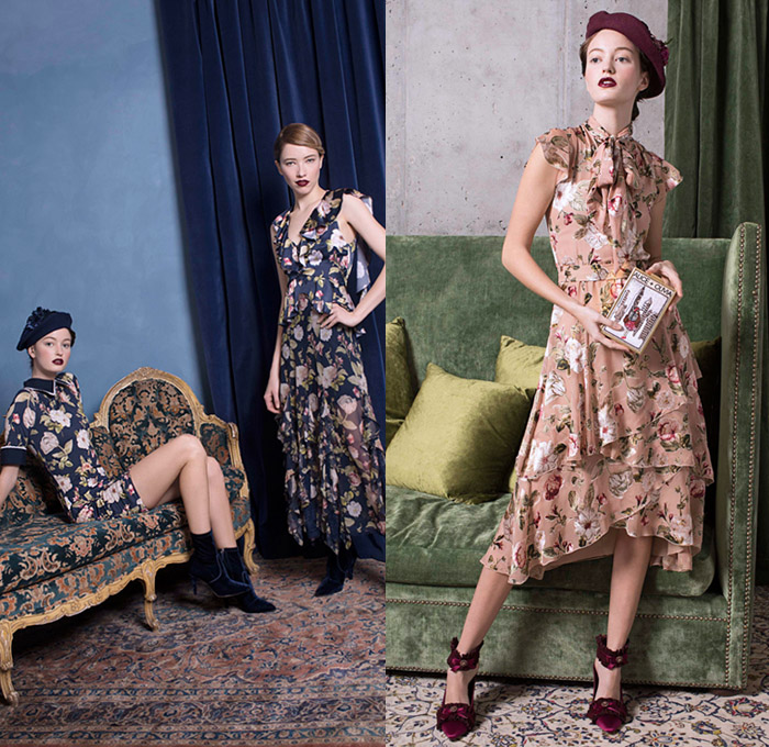 alice + olivia 2018 Pre Fall Autumn Womens Lookbook Presentation - 1920s Twenties 1930s Thirties Atonement Ruffles Satin Silk Metallic Sheen Pleats Pussycat Bow Velvet Sheer Chiffon Nerd Grandma Librarian Geek Chic Flowers Floral Robe Lounge Lace Embroidery Fringes Sequins Trench Coat Pantsuit Blouse Wrap Dress Tiered Gown Eveningwear Denim Jeans Flare Bell Bottom Wide Leg Palazzo Pants Sailor Pants Shorts Heels Boots Platform Shoes Beret Handbag