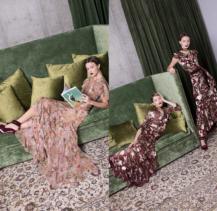 alice + olivia 2018 Pre Fall Autumn Womens Lookbook Presentation - 1920s Twenties 1930s Thirties Atonement Ruffles Satin Silk Metallic Sheen Pleats Pussycat Bow Velvet Sheer Chiffon Nerd Grandma Librarian Geek Chic Flowers Floral Robe Lounge Lace Embroidery Fringes Sequins Trench Coat Pantsuit Blouse Wrap Dress Tiered Gown Eveningwear Denim Jeans Flare Bell Bottom Wide Leg Palazzo Pants Sailor Pants Shorts Heels Boots Platform Shoes Beret Handbag